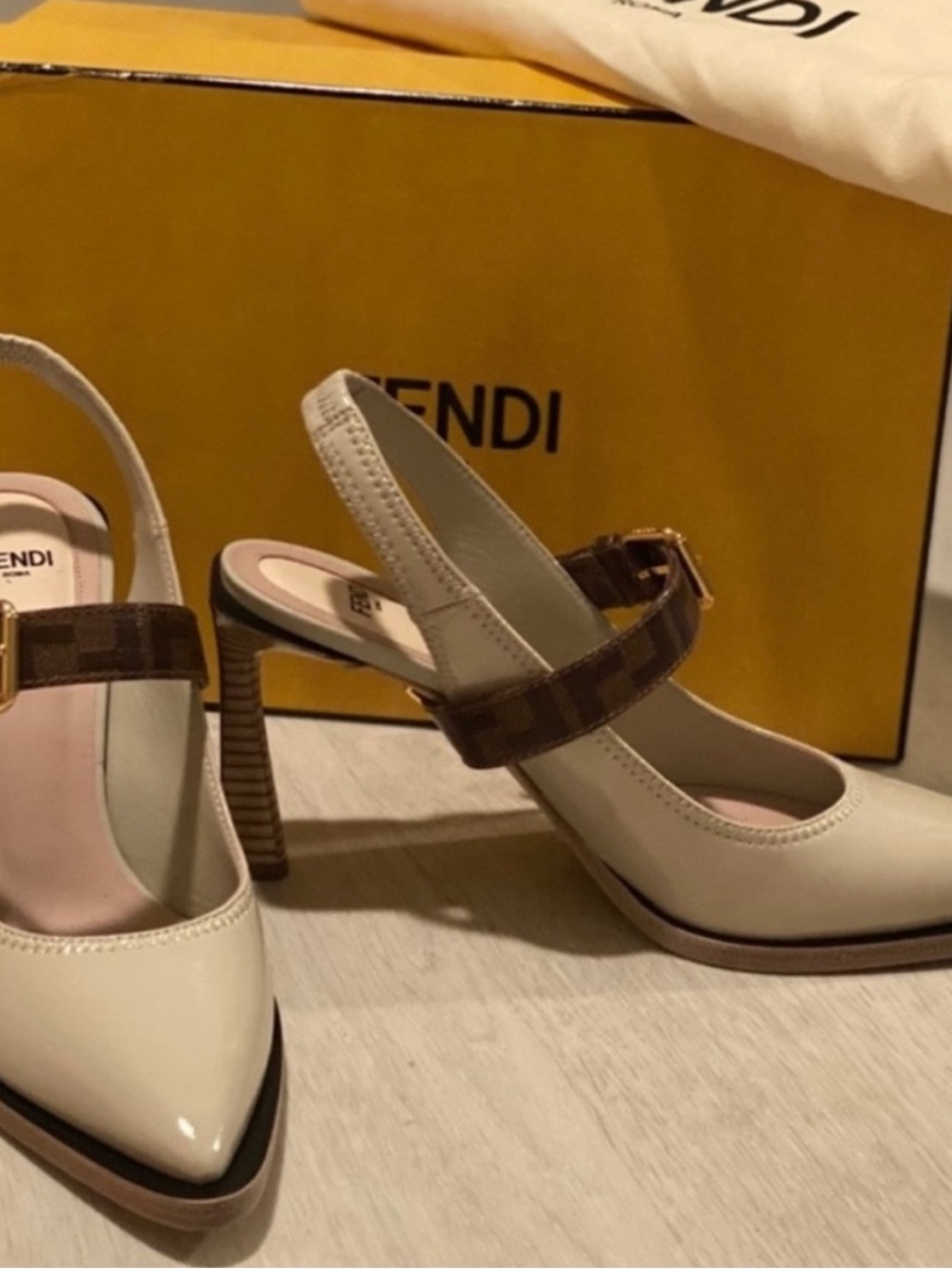 Fendi Cream Slingback Pumps with Brown Monogram Strap and Gold Buckle - Picture 2 of 6